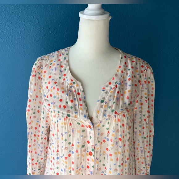 Anthropologie Maeve Paccia Button Down Tunic Top Cream Print Ruffle Hem Size SM - Picture 9 of 9